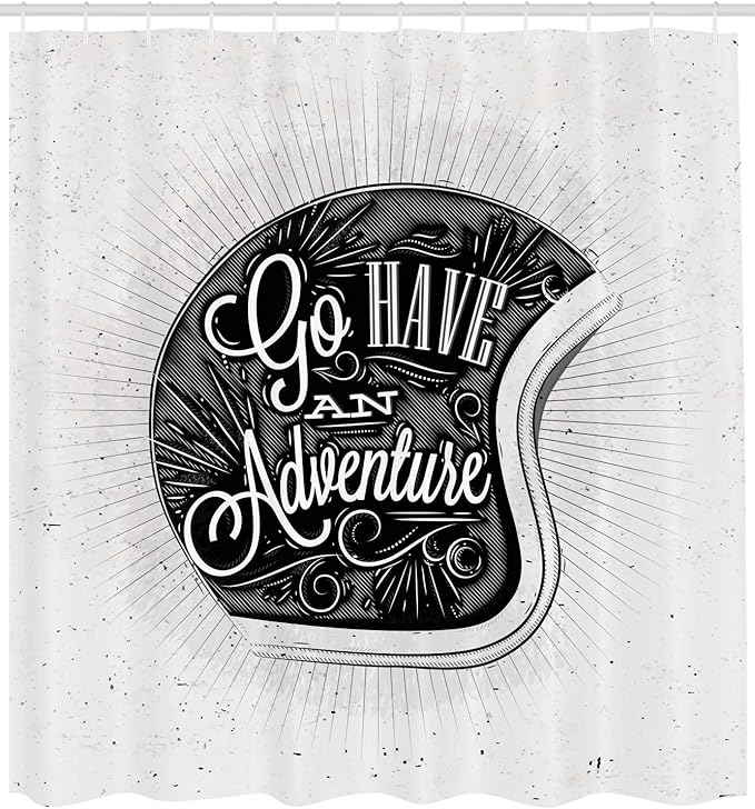 Ambesonne Vintage Shower Curtain, Motorcycle Adventure Words and Ornate Lines Contemporary New Graphic Design, Cloth Fabric Bathroom Decor Set with Hooks, 69" W x 75" L, Grey