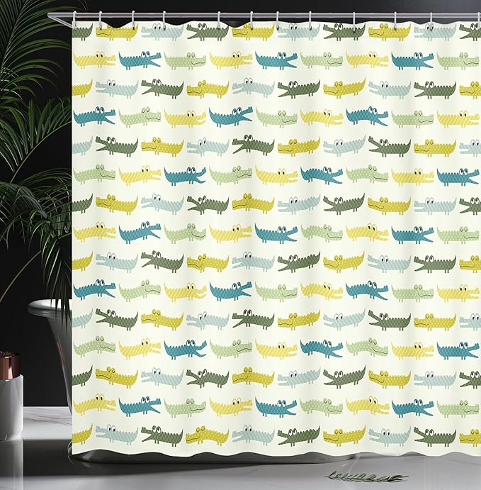 Ambesonne Animal Shower Curtain, Crocodile Characters in Cartoon Style Funny Faces Animal Alligators, Cloth Fabric Bathroom Decor Set with Hooks, 69" W x 70" L, Yellow Green Teal