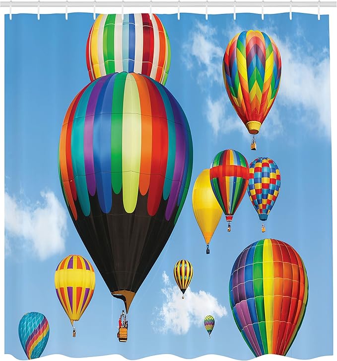 Ambesonne Colorful Shower Curtain, Hot Air Balloons Flying in The Sky Air Sports Adventure Journey Fun Entertainment, Cloth Fabric Bathroom Decor Set with Hooks, 69" W x 70" L, Purple Yellow