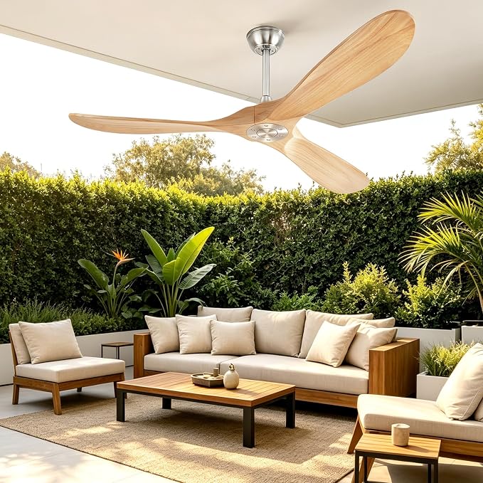 60” Ceiling Fans Without Lights, Wood Ceiling Fan with Remote Control No Light, Outdoor Propeller Ceiling Fan with 3 Blades,Brushed Nickel Outdoor Ceiling Fans for Patios (Nature Wood)