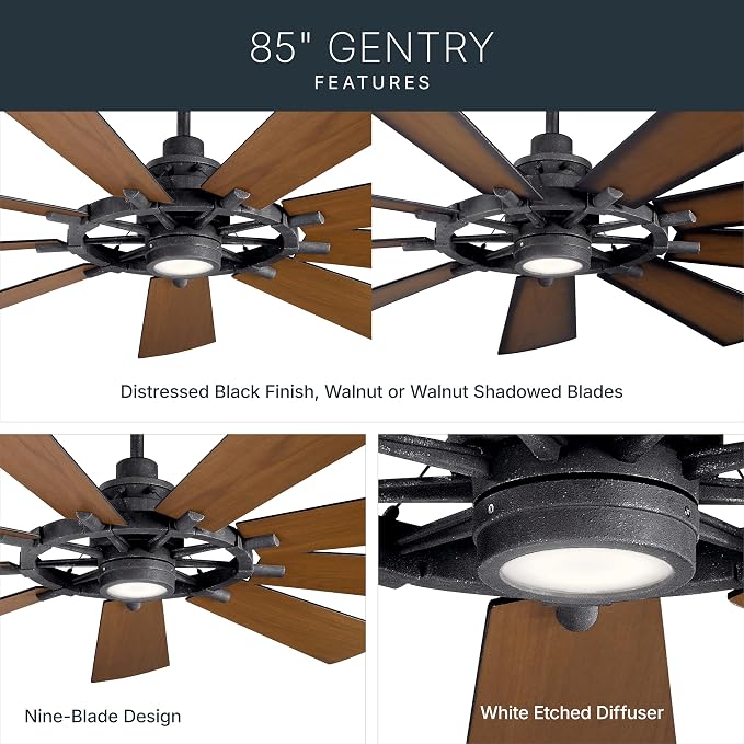 Kichler Gentry XL 85" Ceiling Fan with Lights, 1-Light LED, 3000K, 9 blade Modern Industrial Fan in Distressed Black, (85" W x 16.5" H), 300285DBK