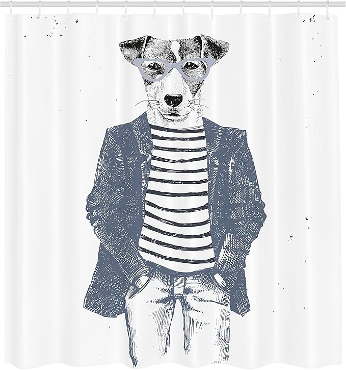 Ambesonne Quirky Shower Curtain, Hipster Jack Russell Dog Glasses Hand Drawn Sketchy Fashion Animal Fun, Cloth Fabric Bathroom Decor Set with Hooks, 69" W x 75" L, Blue Grey