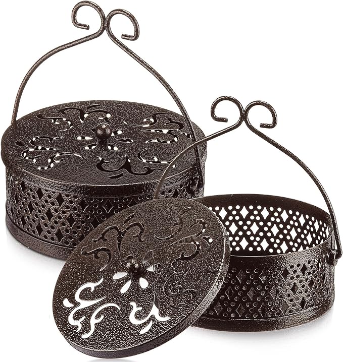Lallisa Incense Coil Holder Sets, Round Metal Hanging Incense Burner with Handle and Lid, Portable Coil Burner Stand Container for Patio Camping Garden Home Indoor Outdoor Decor(Bronze Color,2 Pcs)