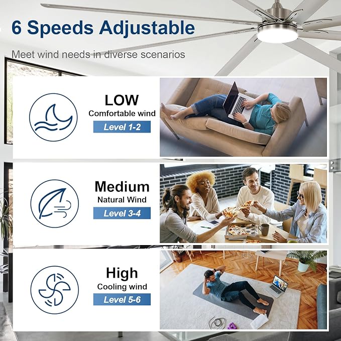Outdoor Ceiling Fan with Remote: 100 Inch Large Fan - Industrial Ceiling Fan with Light for Patio Shop Garage Brushed Nickel Silver