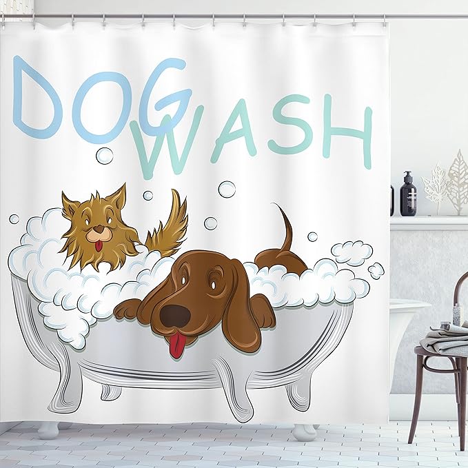 Ambesonne Cartoon Shower Curtain, Playful Dogs in a Bathtub Grooming Each Other Pets Theme Illustration, Cloth Fabric Bathroom Decor Set with Hooks, 69" W x 84" L, Brown White