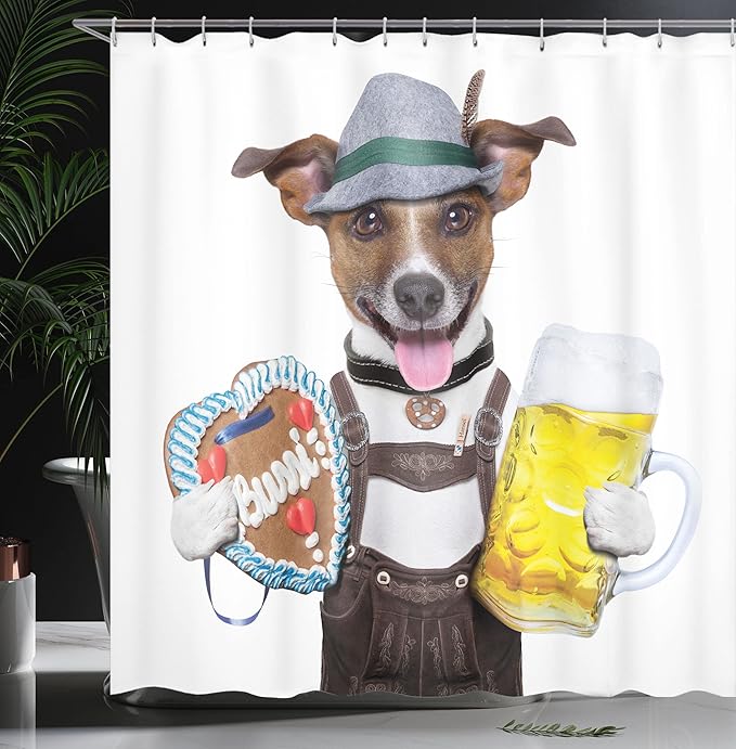 Ambesonne Oktoberfest Shower Curtain, Oktoberfest Dog with Beer Mug and Gingerbread Heart Smiling Happy Times Art, Cloth Fabric Bathroom Decor Set with Hooks, 69" W X 70" L, Yellow Brown