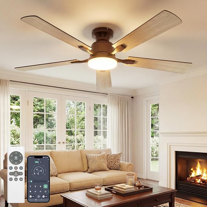 VOLISUN 52 Inch Ceiling Fan with Lights Flush Mount, Low Profile Ceiling Fans with Lights, Remote&APP Control,Dimmable 22W LED Light,Queit&Reversible Fan, Brown Ceilings Fans for Bedroom, Living Room