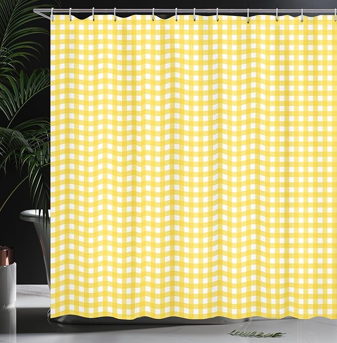 Ambesonne Checkered Shower Curtain, Classic English Pattern in Yellow Picnic in Summertime Theme Retro Striped, Cloth Fabric Bathroom Decor Set with Hooks, 69" W x 70" L, Yellow White