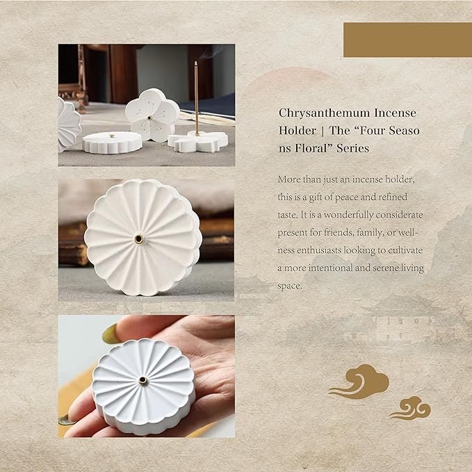 Incense Holder for Sticks with 0.3cm Holes - Chrysanthemum Design | Portable Ash Catcher & Burner for Desk, Office, Tea Room | The “Four Seasons Floral” Series