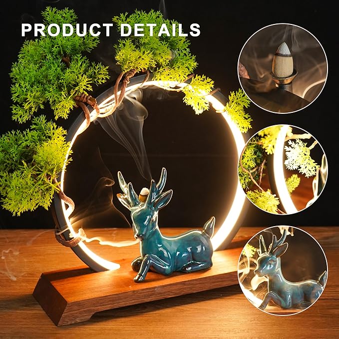 Backflow Incense Holder with LED Light Ring Ceramic Backflow Incense Burner with 20 Incense Cones LED Incense Burner for Home Office Decor Yoga Aromatcherapy