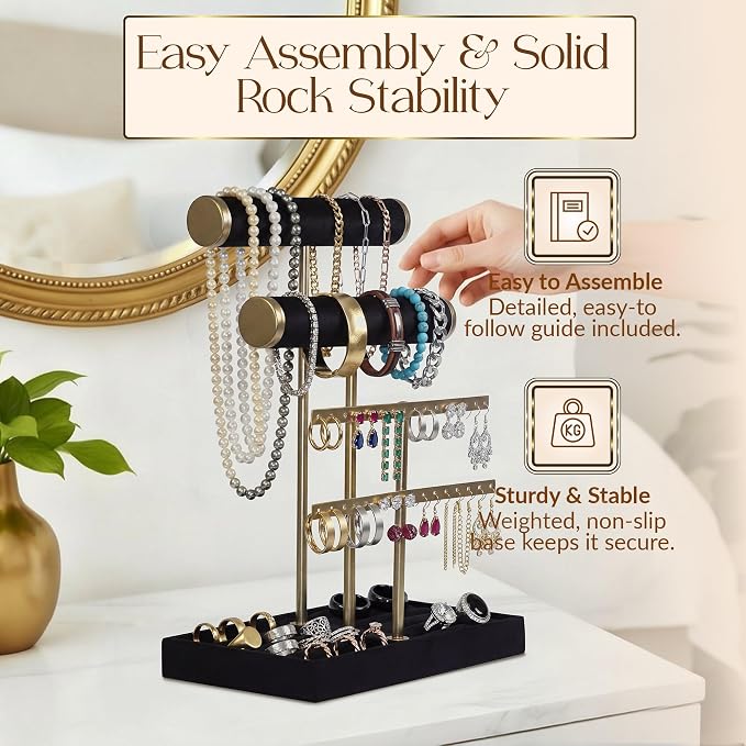 Jewelry Tower Stand Organizer for Women - Soft Touch Velvet Elegant Jewelry Holder Display with Necklace Holder, Earring Organizer & Bracelet Rack - Tabletop Stand for Dresser, Vanity, Desk - Black