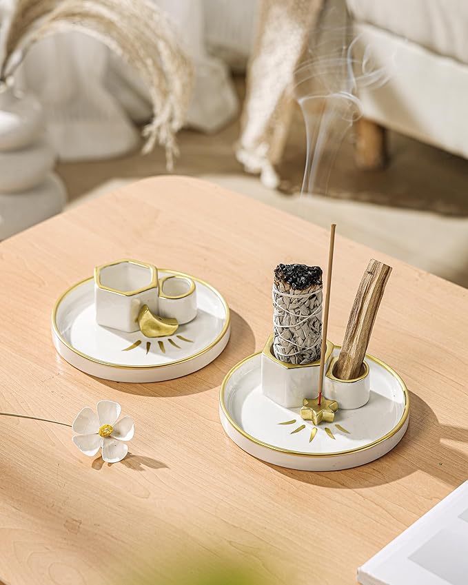 Ceramic Incense Holder, 4-in-1 Sage Palo Santo Burner with Ash Catcher Tray, Smudge Dish for Meditation Yoga, Modern Home Decor & Gift