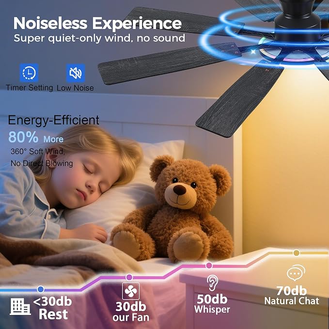 Ayaoty Ceiling Fans with Lights -60in Flush Mount Ceiling Fan with RGB Dimmable, 3CCT 6 Wind Speeds and Reversible Quiet Motor, Low Profile RGB Fan Light for Modern Indoor, Party - Black