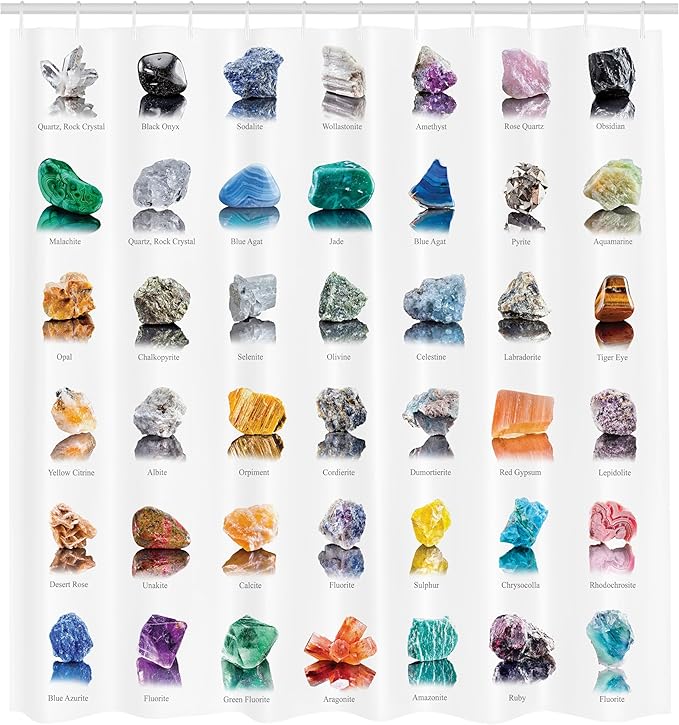 Ambesonne Gemstone Shower Curtain, Composition of Gemstones with Names Tiger Eye Sulphur and Ruby Mineral Geology, Cloth Fabric Bathroom Decor Set with Hooks, 69" W x 70" L, White