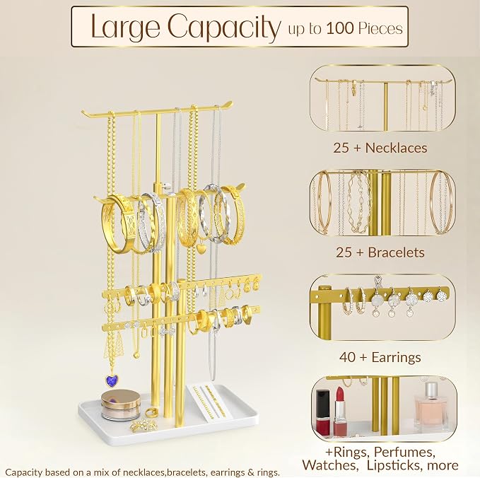 Jewelry Tower Stand Organizer for Women - Elegant Jewelry Holder Display with Necklace Holder, Earring Organizer & Bracelet Rack - Tabletop Jewelry Stand for Dresser, Vanity, Desk