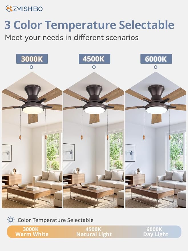 ZMISHIBO Ceiling Fans with Lights, Low Profile Ceiling Fan with Pull Chain and Remote Control, Flush Mount, Reversible, Dimmable, Noiseless, Black Pull Cord Ceiling Fan for Bedroom(52inch Brown)