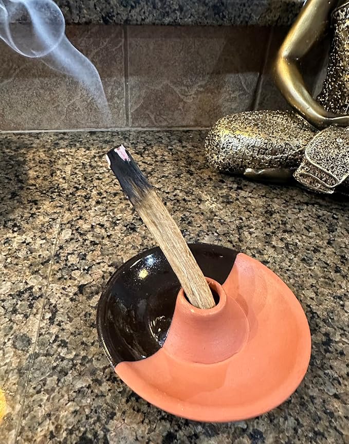 Premium Collection Clay Palo Santo Holder (Two-Tone, Black & Clay Holder) and 5 Genuine Palo Santo Sticks Purification Kit Meditation Focus Healing - Sustainably Made in India