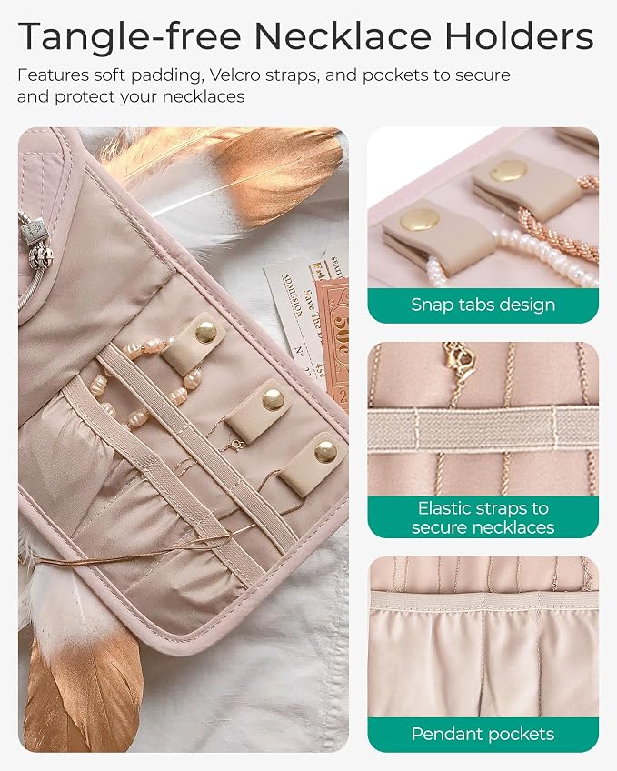 BAGSMART Travel Jewelry Organizer Case Foldable Jewelry Roll for Journey Rings, Necklaces, Earrings, Bracelets,Mini,Beige