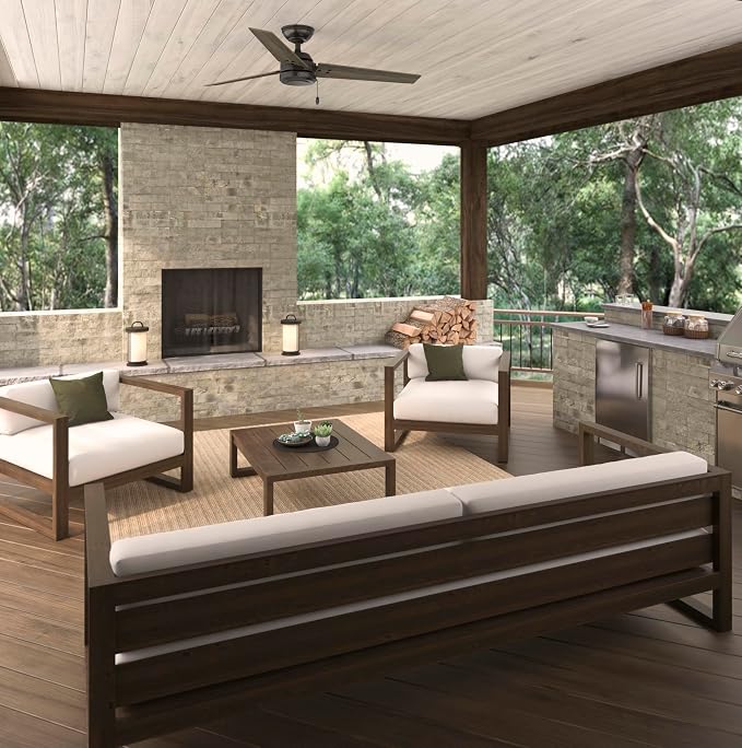 Hunter 52" Cassius Indoor/Outdoor Ceiling Fan, Pull Chain, Noble Bronze | Covered porches and living rooms get reversible blades, a no-light design, and streamlined industrial style with easy setup.