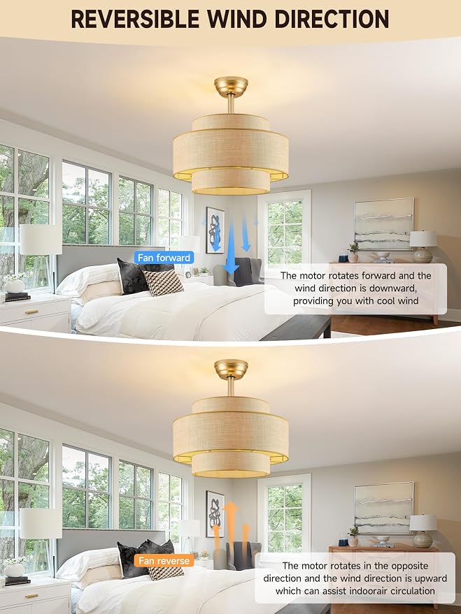 Boho Fandelier Ceiling Fan with Light Rattan Chandelier Fan Remote Gold Caged Ceiling Fan with Light for Bedroom, Living Room Nursery Foyer Kitchen（ Timing Adjustable Height）