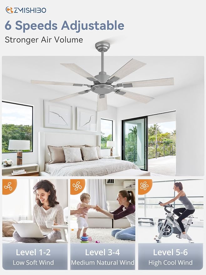 ZMISHIBO 52“ Ceiling Fans No Light with Remote, Silver Modern Ceiling Fan Without Light, Quiet Reversible DC Motor, 6 Speeds, 7 Blades Indoor/Outdoor Ceiling Fan for Living Room Bedroom Patio Garage
