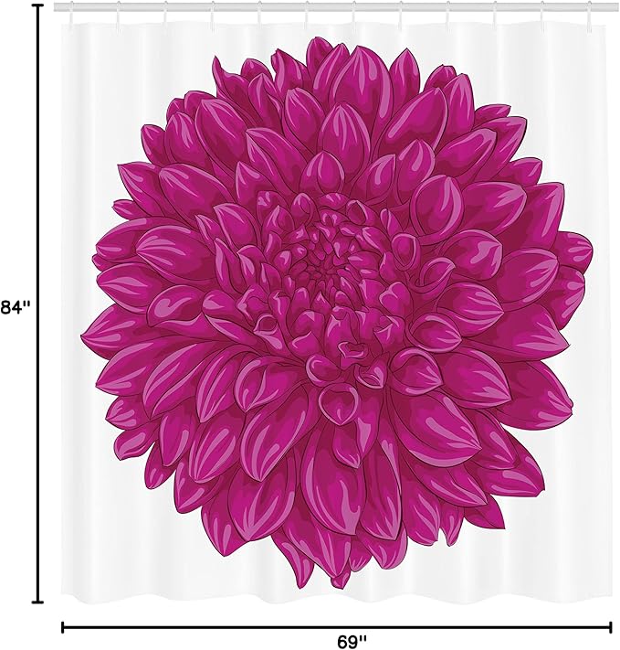 Ambesonne Dahlia Flower Shower Curtain, Big Large Flat Sparse Florets with Outward Pompons Vintage Style in Fuchsia Color, Cloth Fabric Bathroom Decor Set with Hooks, 69" W x 84" L, Pink