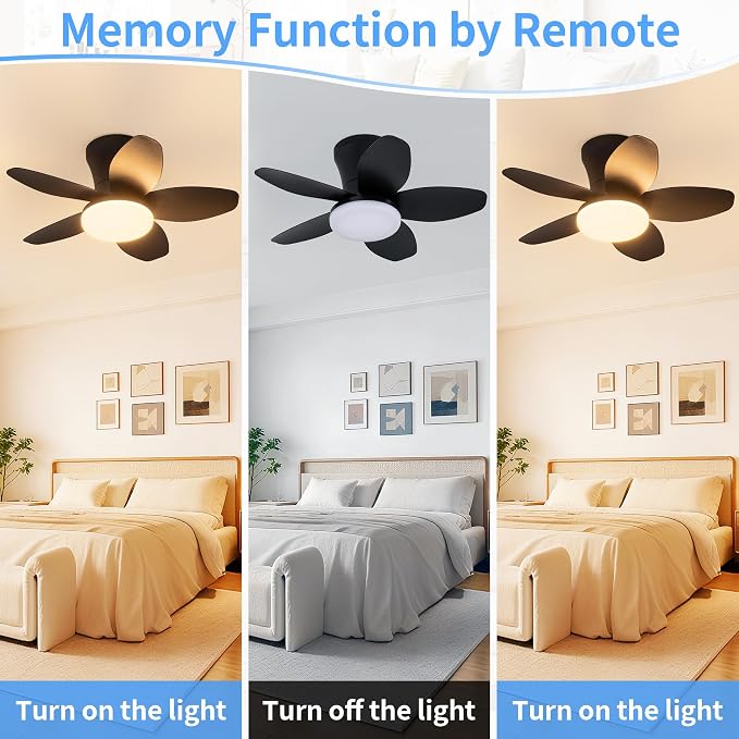 25" Small Ceiling Fans with Lights & Remote,6 Speeds Reversible Flush Mount | 5 Blades, Adjustable Color Temperature, Dimmable, Timer, Low Noise for Bedroom, Kitchen, Study, Laundry Room, Black