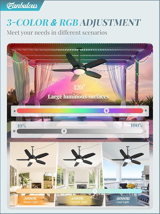 Fanbulous 42" Waterproof Outdoor Ceiling Fan with Light for patio,RGB Black | IP65 Wet Rated, 3CCT Dimmable Light,Remote Control,6-Speed DC Motor, Plug-in Cord, Hanging Hook for Gazebo, Porch, Pergola.