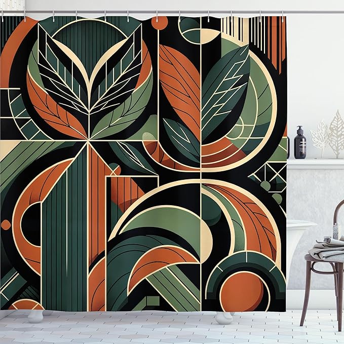 Ambesonne Mid Century Modern Shower Curtain, Abstract Retro Geometric Lines and Shapes with Leaves Art, Cloth Fabric Bathroom Decor Set with Hooks, 69" W x 84" L, Evergreen Cinnamon Beige