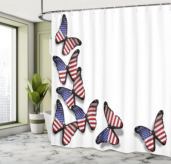 Ambesonne Americana Shower Curtain, American Flag in Flying Butterflies Freedom Patriotism Spring Inspired Design, Cloth Fabric Bathroom Decor Set with Hooks, 69" W x 70" L, Red White Blue