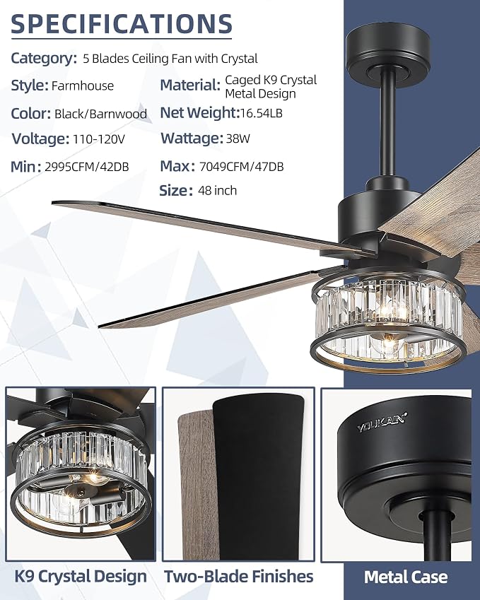 YOUKAIN 48 Inch Black Ceiling Fan with Lights and Remote, Modern Crystal Ceiling Fan, 5 Reversible Matte Black & Wood Blades, Quiet Indoor Ceiling Fan for Bedroom Living Room, 48-YJ632A-BK