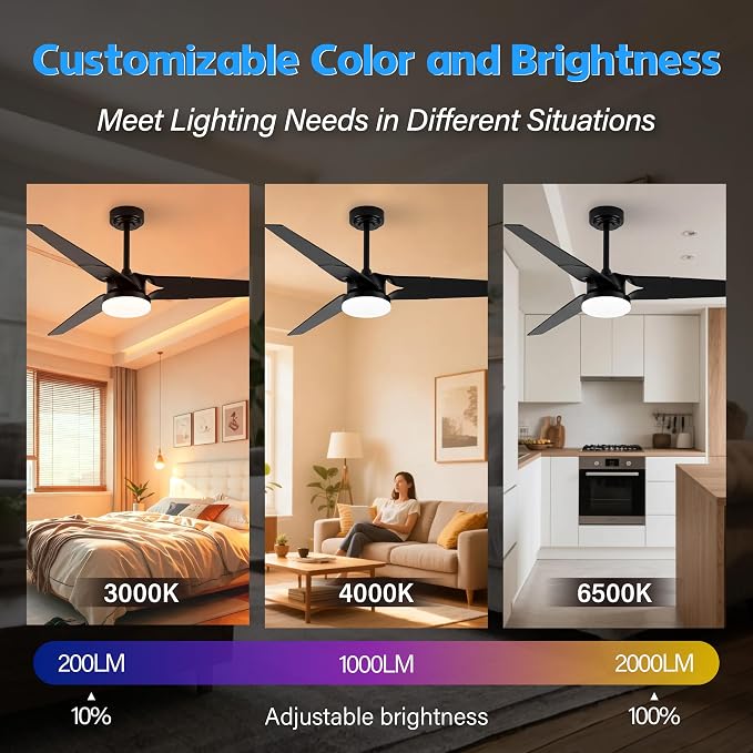 Ceiling Fan with Lights and Remote, 3 Blade App Control Timer Reversible Stepless Brightness and Color Temperature Outdoor Wood Ceiling Fan with Lights (Black, 52 In)