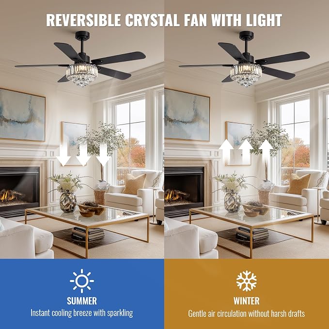 Crystal Fandelier Ceiling Fan with Light,Chandelier Ceiling Fan with Remote and APP Control,Quiet Light for Bedroom, 3 Color Temperature, 52 Inch vintage ceiling fan With 6 Speeds