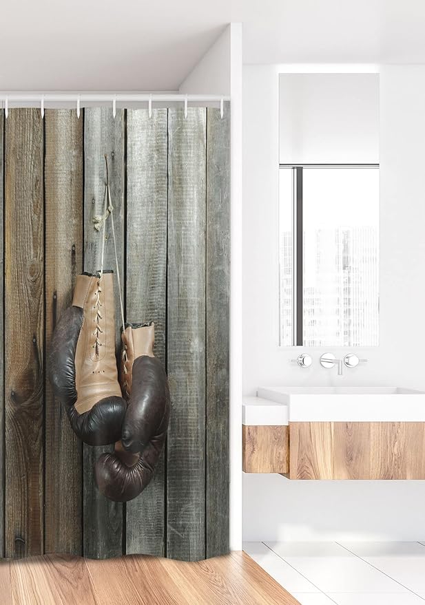 Ambesonne Vintage Stall Shower Curtain, Vintage Boxing Gloves on The Old Wooden Background Antique Equipment Photo Art Print, Fabric Bathroom Decor Set with Hooks, 36" W x 72" L, Brown Pale Green