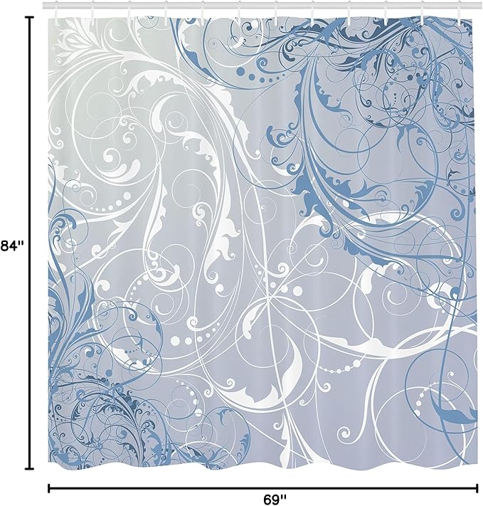 Ambesonne Floral Shower Curtain, Baroque Swirl Branches Curved Flower Leaves Shabby Form Nature Pattern, Cloth Fabric Bathroom Decor Set with Hooks, 69" W x 84" L, Petrol Blue