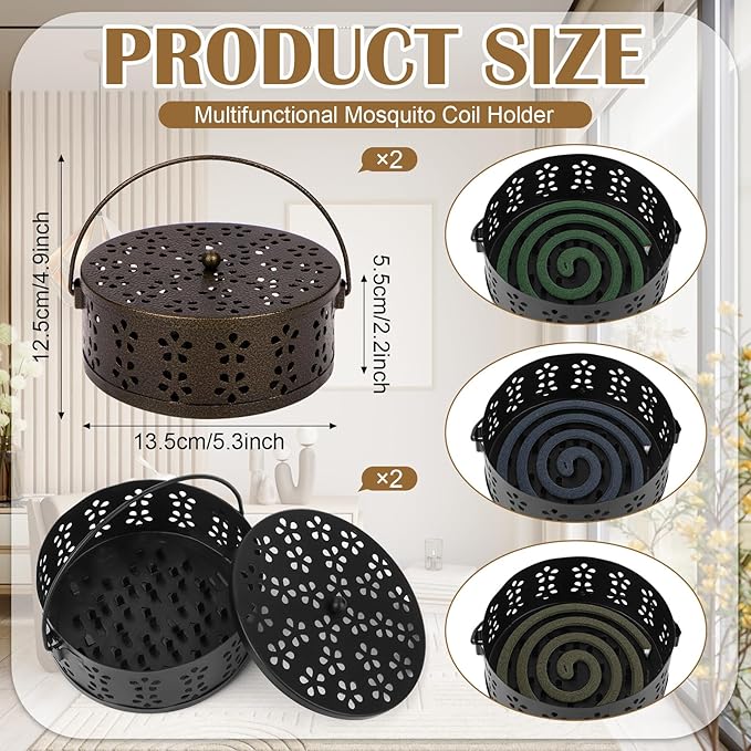 4 Pieces Mosquito Coil Holder Portable Mosquito Incense Holder with Handle Round Metal Sandalwood Incense Burner for Home Camping Indoor Outdoor Patio (Black and Bronze)