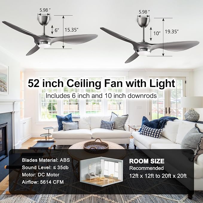 reiga Silver 52" Smart Ceiling Fan with Light, Quiet DC Bedroom 3 Blade Fan | Silent reversible motor, dimmable 3CCT LED light; remote/WiFi/voice control, 6&10in downrods, ETL certified for living room