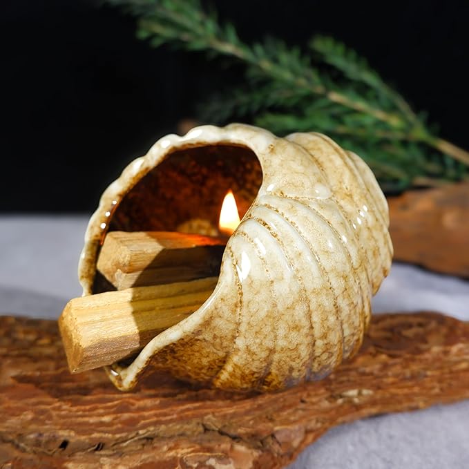 MOUGIGI Mini Conch Chiminea Palo Santo Burner - Ceramic Smudging Bowl/Incense Chimney Works with Palo Santo Sticks/Sage/Copal,Tabletop Altar, Thoughtful Gifts for Meditation, Yoga, Aromatherapy