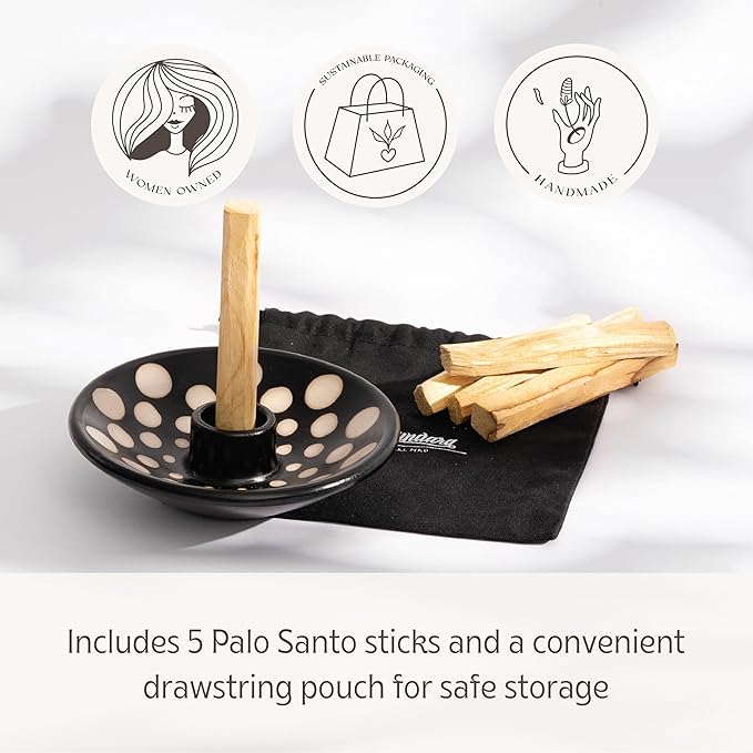 Palo Santo Holder with 5 Sticks - Luna Sundara Handmade Ceramic Incense Burner - Polka Dot Chulucanas Pottery from Peru - Smudge Bowl for Sage - Aromatherapy Gift Set