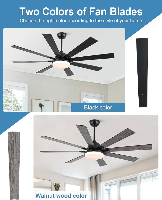 POCHFAN 62 Inch Ceiling Fans with Lights,Large Modern Ceiling fan with Remote and 8 Wooden Blades,Dimmable,6 Speeds,Noiseless Reversible Indoor&Outdoor Fan for Bedroom,Patio,Living Room