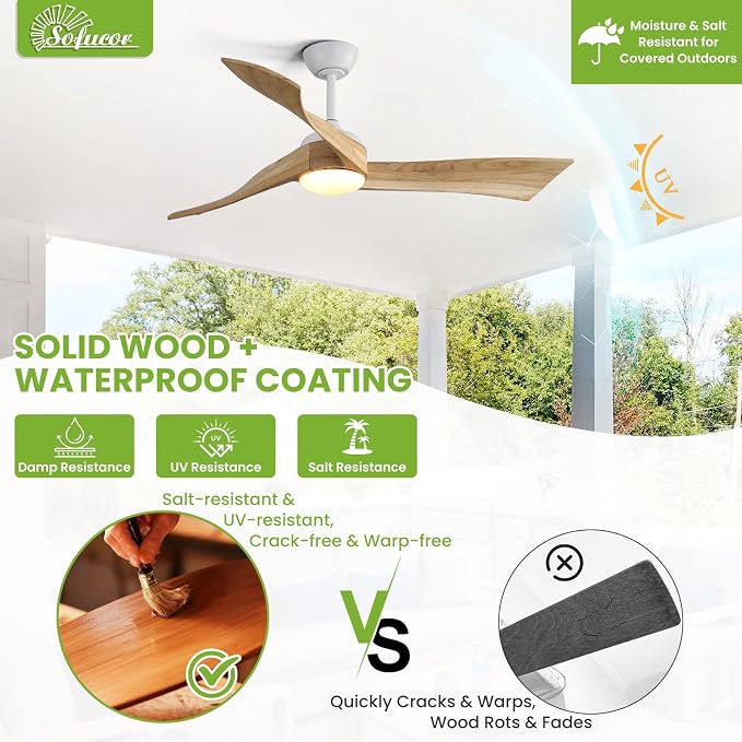 Sofucor 52 Inch Ceiling Fan with Light and Remote - 3 Solid Wood Blades, Quiet DC Motor, 6 Speeds 5000CFM, Dimmable Tri-Color LED with Memory, Timer & Reversible for Living Room, ETL, Nature Wood