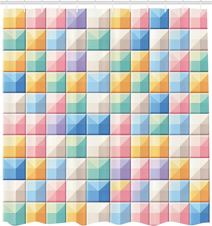 Ambesonne Colorful Shower Curtain, Modern Grid Design Checkered Pastel Tones with Futurist Line Details Colour Jumble, Cloth Fabric Bathroom Decor Set with Hooks, 69" W x 75" L, Multicolor