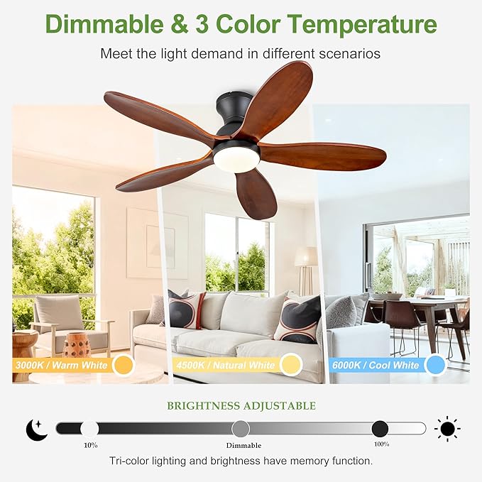 42 Inch Flush Mount ceiling fan with lights,Outdoor Ceiling Fans for Patios,Remote Control,Dimmable,Reversible,Wood Blades,Power-Off Memory,Quiet DC Motor,Modern Hugger Ceiling Fan for Bedroom