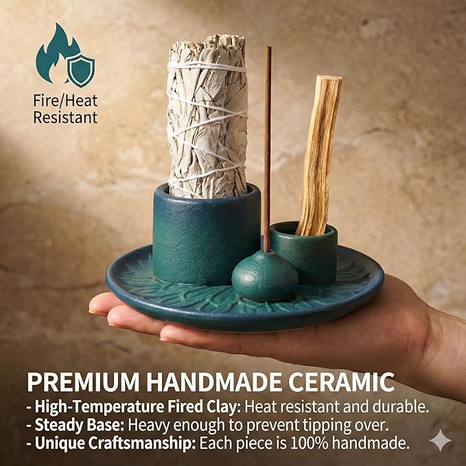 Palo Santo Sticks Holder, Multi-Purpose Handmade Ceramic Incense Burner for Palo Santo Incense Sticks, Sage Holder for Burning, Ash Catcher Tray for Meditation Yoga Room (Blue)