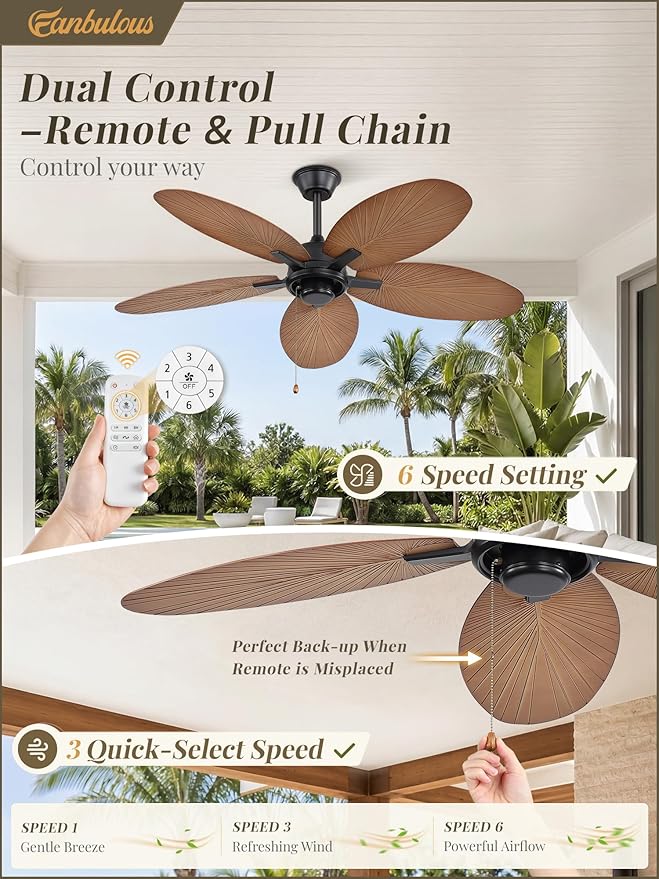 Fanbulous 52 Inch Ceiling Fan No Light, Remote & Pull Chain Tropical Fan With 6 Speeds, 3 Timers, DC Quiet Motor, 5 Palm Blade for Bedroom Living Room Covered Outdoor Patio Porch, Damp Rated, Walnut