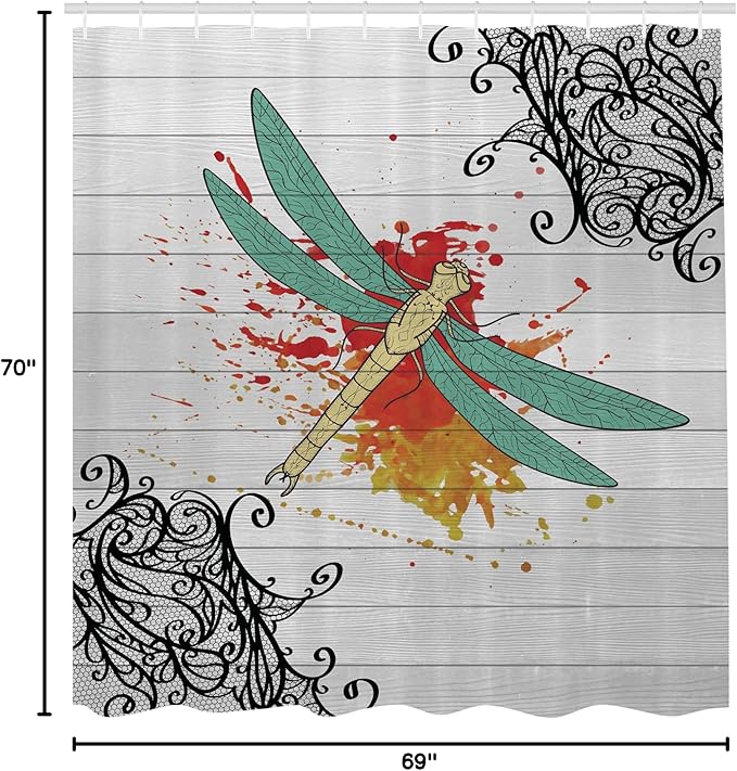 Ambesonne Dragonfly Shower Curtain, Insect in Warm Tones on a Greyscale Backdrop with Victorian Style Elements, Cloth Fabric Bathroom Decor Set with Hooks, 69" W x 70" L, Orange Grey