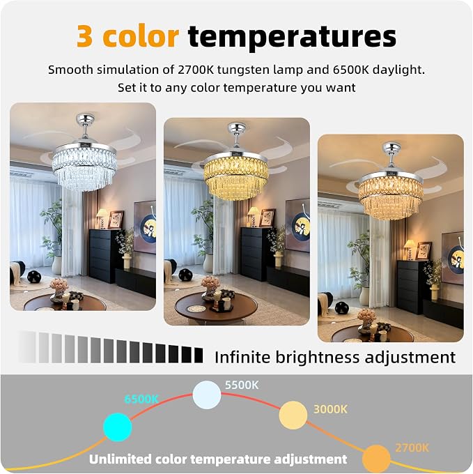 Retractable Crystal Ceiling Fan with Lights, Bluetooth Ceiling Fan with Speaker, 6-Speed Reversible Blades, RGB-LED Light, Remote & APP Control Crystal Chandelier for Bedroom Living Room 42"