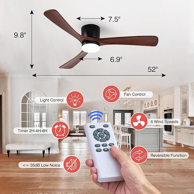 52" Flush Mount Ceiling Fan with Lights Remote Control, 3 Blades Wood Ceiling Fans, Quiet Reversible DC Motor, 6-Speed, Timer, Modern Ceilingfans for Low Profile, Walnut and Matte Black
