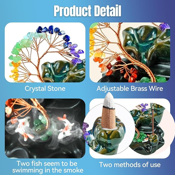 Backflow Incense Burner Ceramic Incense Waterfall Backflow Incense Holder 7 Chakras Gemstone Money Tree Crystal Tree Namaste Chakra Bracelet Cushion FengShui (Green)