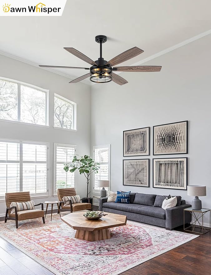 60 Inch Farmhouse Ceiling Fans with Lights Black Caged Rustic Industrial Chandelier Fans for Living Room Bedroom Quiet Reversible DC Motor 6 Speeds 6 Modern-Farmhouse Styles Dual-Finish Blade
